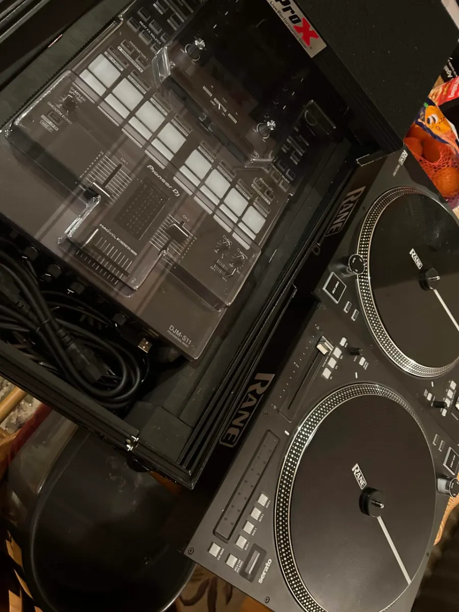 DJM-S11 mixer between two Rane 12 MK2 motorised turntables