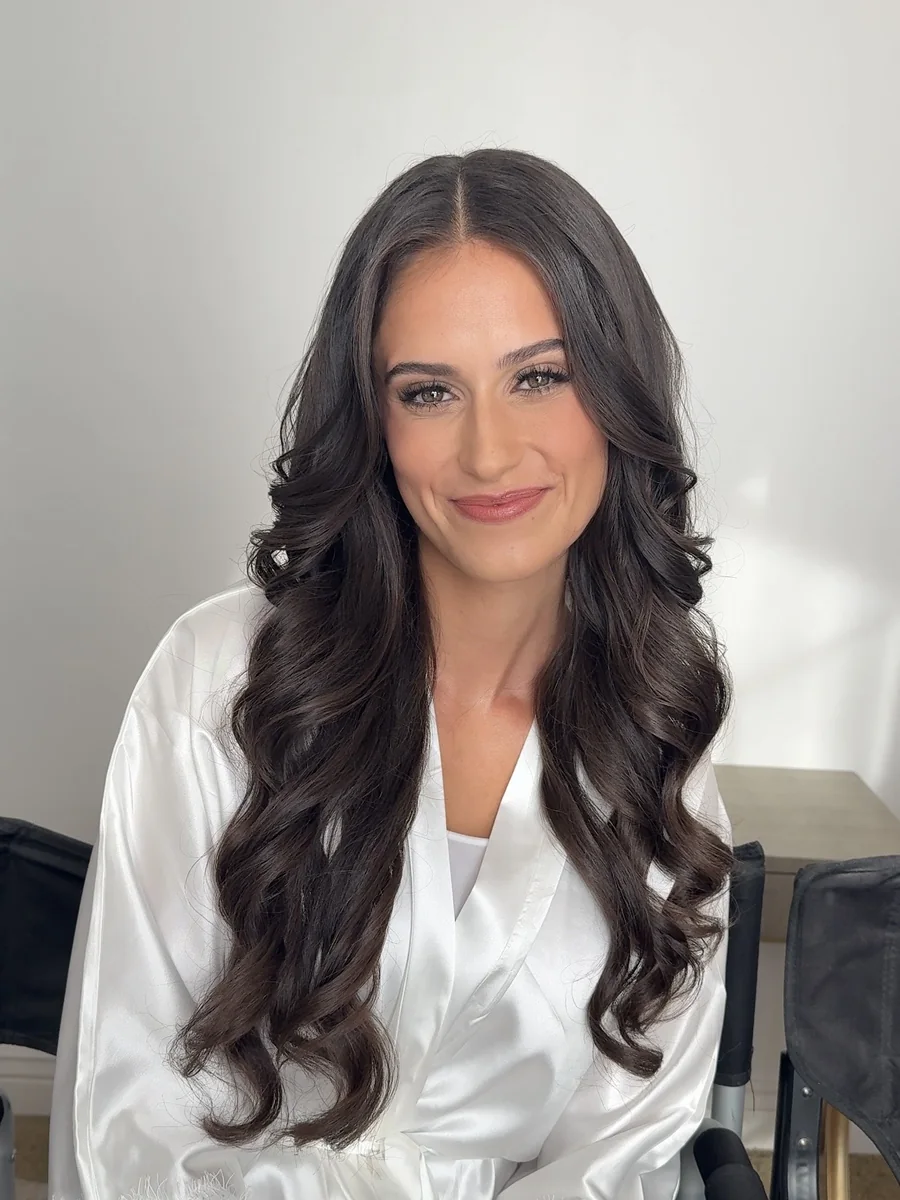 Long brunette waves and neutral makeup, by Heather Dear Artistry