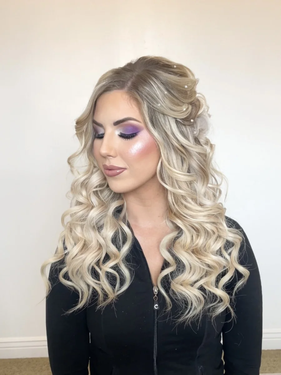 Blonde curls with a plum smoked eye, by Heather Dear Artistry