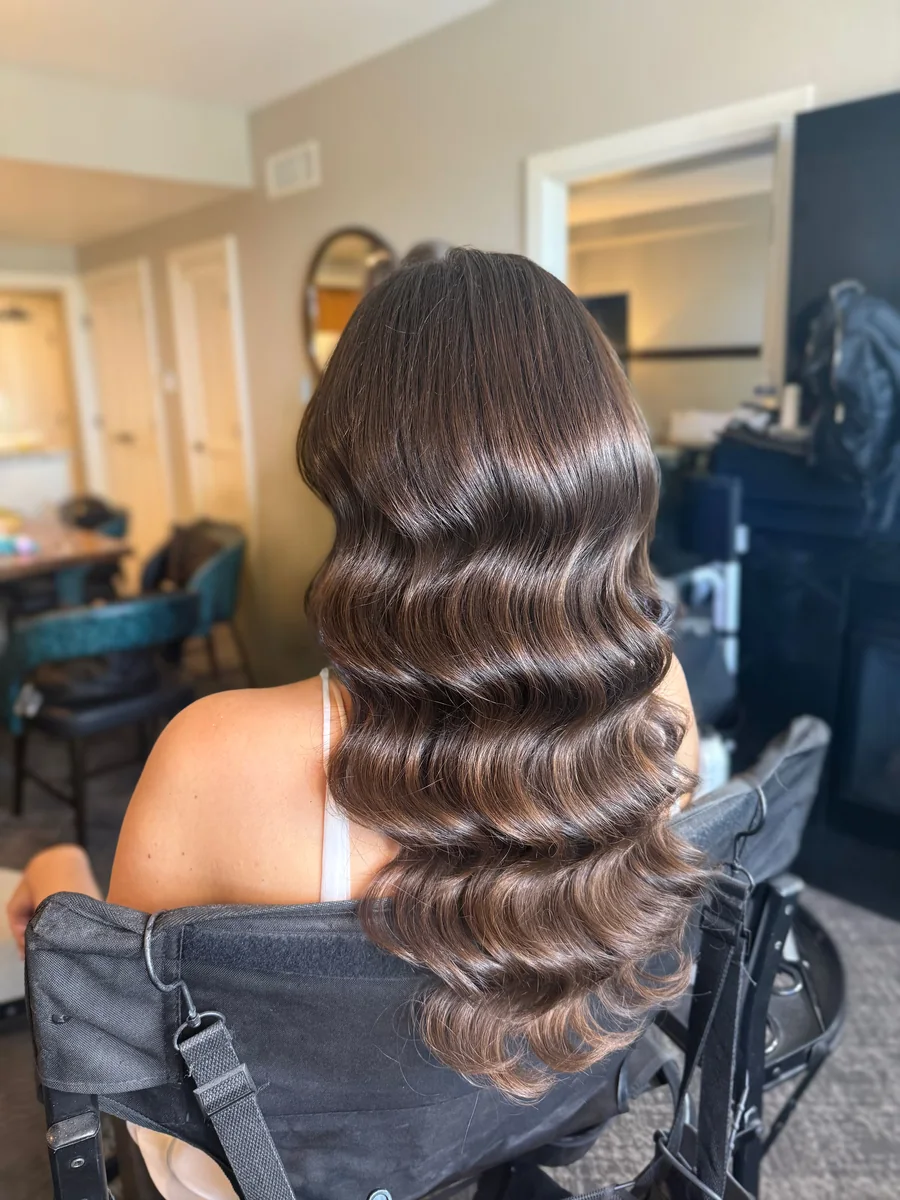 Long brunette Hollywood waves styled by Heather Dear Artistry