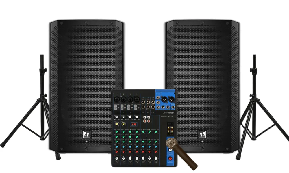 Backyard Party PA package: two ELX200-10P speakers on tripod stands, Yamaha MG10 mixer, and SM-58 microphone