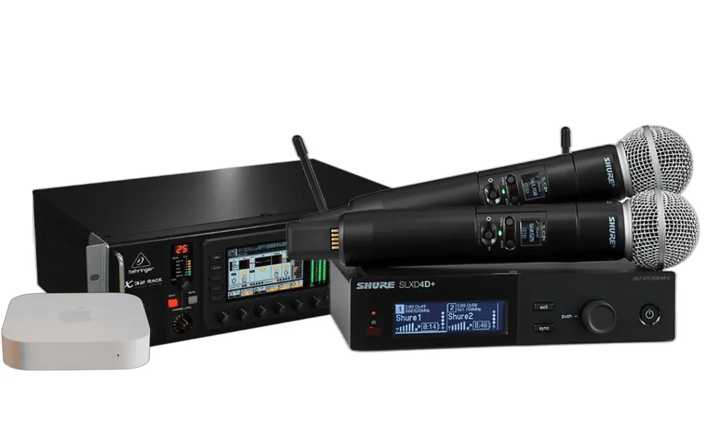 Band Kit package: Behringer X32 Rack digital mixer, Shure SLX-D+ dual wireless microphone system, and Apple AirPort Express router for wireless iPad mixing