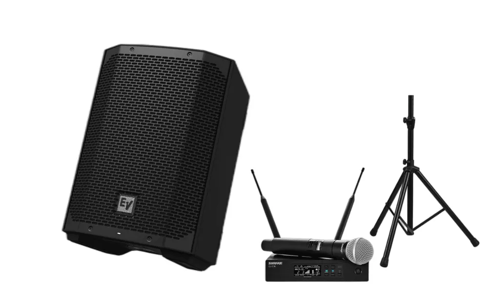 Ceremony Sound package: Everse 8 speaker on stand with Shure QLXD handheld wireless microphone