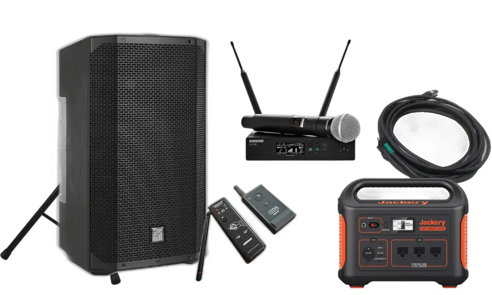 Corporate Meeting Kit package: Everse 12 battery speaker, Shure QLXD wireless microphone system, Perfect Cue clicker, XLR cable, and Jackery Explorer 1000 power station