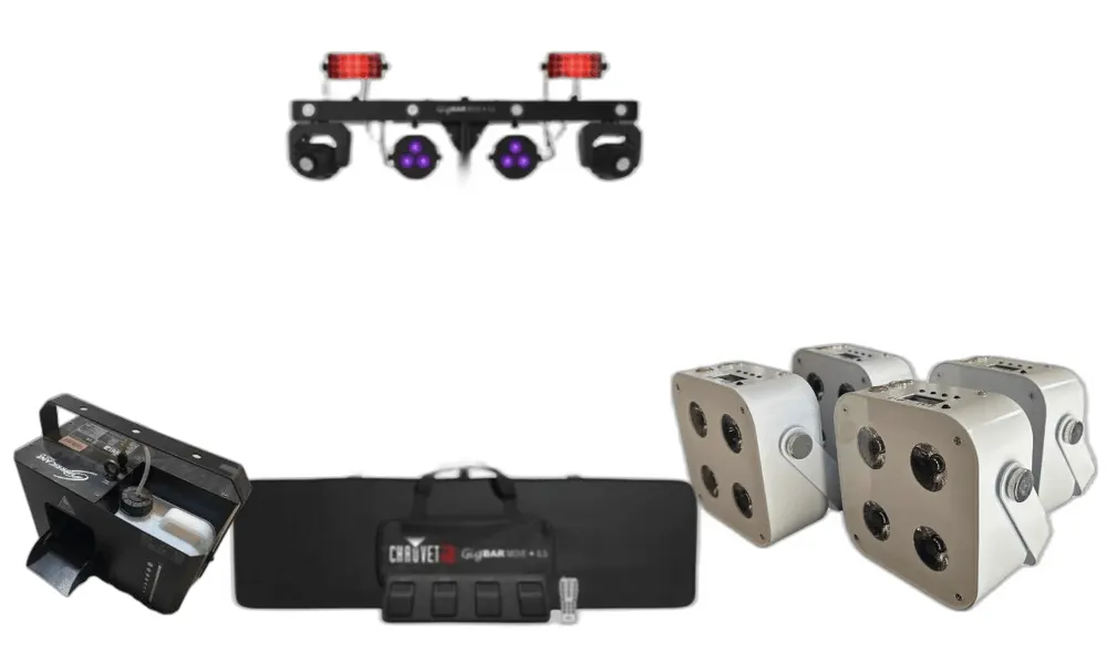 Dance Party Lights package: Chauvet Gigbar lighting tree, haze machine, and wireless uplights