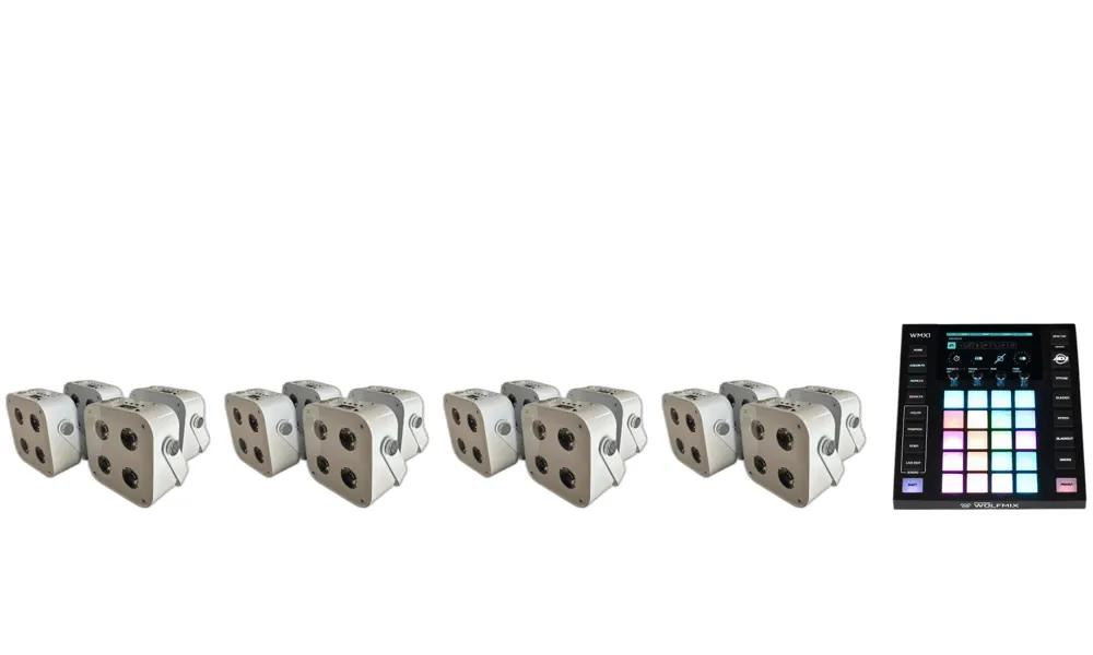 DIY Uplighting Rental package: sixteen wireless battery uplights in padded bags with a Wolfmix W1 DMX lighting controller