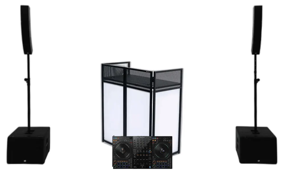 DJ Bundle package: facade booth, DDJ-FLX10 controller, and LD Systems Curve 500 TS compact touring line array set