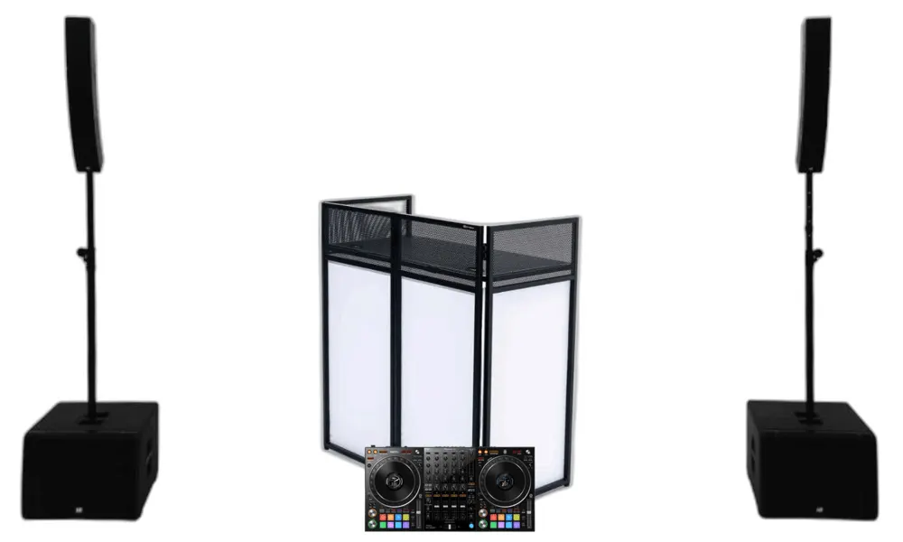 DJ Bundle 2 package: DDJ-1000SRT Serato controller, facade booth, and LD Systems Curve 500 TS compact touring line array set